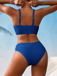 Swim Vcay Women's V-Neck Tank Top & Textured Striped Bikini Set For Summer Beach Vacation - Royal Blue - View 2