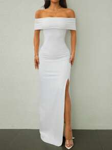 SHEIN Tall Váy dài hở vai xẻ cao cho nữ, váy nhẹ, thanh lịch, mùa cưới, phong cách gợi cảm - trắng - Xem 3