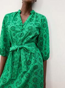 Maija 绿灯侠袖镂空刺绣腰带装饰夏季度假波西米亚风女士短裙，度假海滩休闲沙滩装，波西米亚风格Itsabirdi度假装，夏季多巴胺度假装，搭配度假风格，异国情调乡村音乐节西部风情沙滩装 - 綠色 - 查看 5