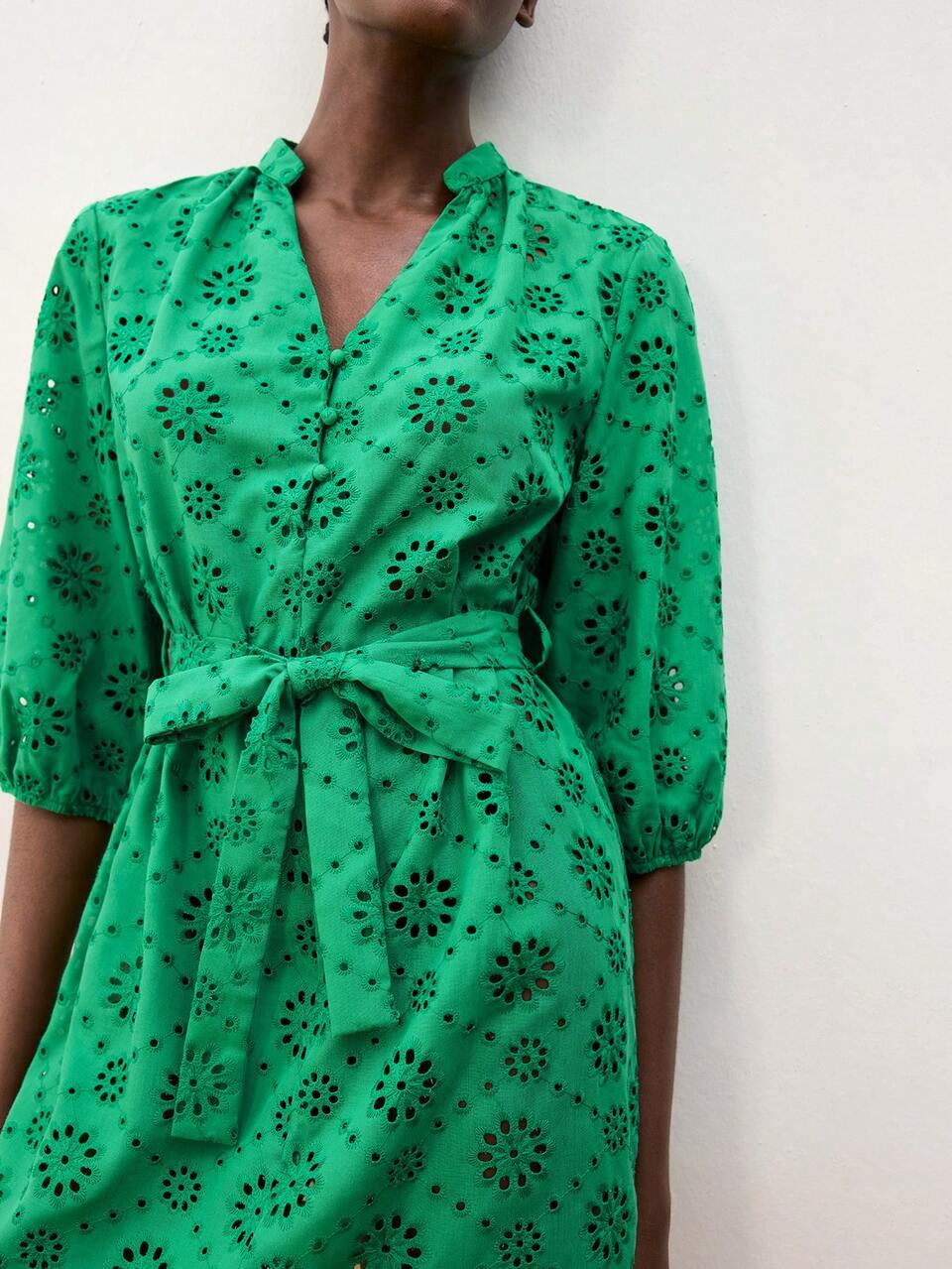 SHEIN Maija Green Floral Lantern Sleeve Hollow Embroidered Waist Belt Decor Summer Vacation Bohemian Ladies Short Dress,Autumn,Boho,Holiday Beach Casual Outfit