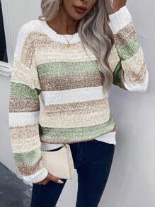 Chiquease Mixed Color Block Crew Neck Casual Pullover Long Sleeve Sweater Knit Pullover Fall Winter Outfit - Multicolor - View 6