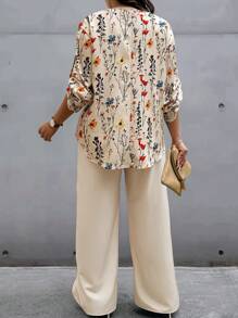 EMERY ROSE 2pcs Plus Size Floral Printed Vacation/Casual Shirt And Pants Set - Multicolor - View 2