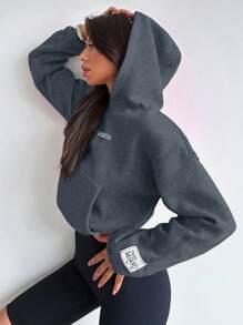 EURMUSE Cotton Ladies' Hooded Sweatshirt With Letter Print And Drop Shoulder Long Sleeves - Dark Grey - View 5
