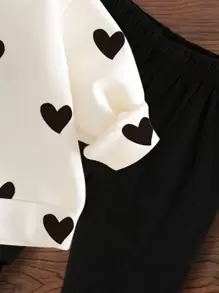 SHEIN 2pcs Baby Girl Casual Lovely Sweet Heart Pattern White Knit Soft Thick Crew Neck Long Sleeve Sweatshirt And Black Leggings Set, Suitable For Autumn/Winter