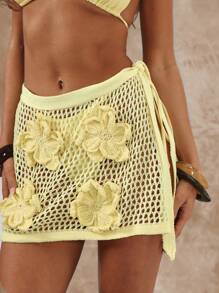 Musera Resort Minifalda de ganchillo y punto con detalle floral y lazada lateral, cubrecosturas bohemio de Ibiza, lindo y sexy para vacaciones, playa y verano, piel caliente, estilo femenino y pastel, primavera - Amarillo - Ver 6