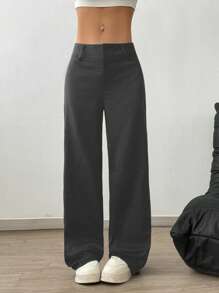 Flirla Pantalones casuales anchos de cintura baja de unicolor para mujeres