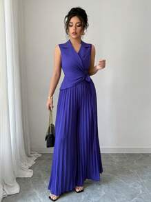 Gloray 2pcs/Set Suit Collar Sleeveless Tie V-Neck Top With High Waist Pleated Pants