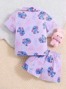 2pcs/Set Girls Cute Cartoon Droopy Ear Rabbit Print Short Sleeve T-Shirt And Shorts Comfy Casual Pajamas Lavender,Summer,Family Matching,Wedding Guest - Purple - View 2