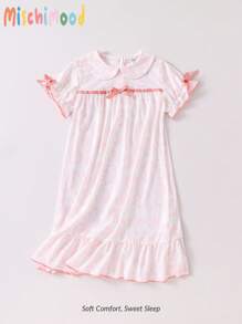 小女孩浅蓝色花卉印花丝带蝴蝶结荷叶边下摆领长睡袍家居服小女孩睡袍幼儿女童睡袍女童夏季睡袍儿童睡袍小女孩睡袍度假旅行休闲夏装 - 藕粉色 - 查看 3