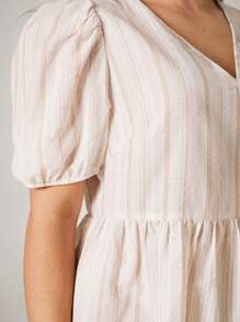 SHEIN VCAY Women's Plus Size Light Blue Striped V-Neck Puff Sleeve Mini Dress,Summer Boho Vacation Holiday Casual Colorblock Sun Dresses For Wedding Guest Beach - Multicolor - View 6