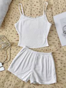 SHEIN Conjunto cómodo para adolescentes, con camiseta de tirantes, chaqueta de punto con estampado de corazón, short de cintura baja, uso casual, ropa de estar en casa, reuniones, vuelta al colegio - Blanco - Ver 1