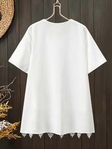 Lacomfia Minimalist Fashion Lace Patchwork Plus Size Shirt - White - View 2