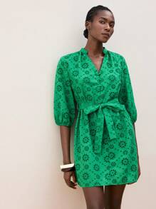 Maija 绿灯侠袖镂空刺绣腰带装饰夏季度假波西米亚风女士短裙，度假海滩休闲沙滩装，波西米亚风格Itsabirdi度假装，夏季多巴胺度假装，搭配度假风格，异国情调乡村音乐节西部风情沙滩装 - 綠色 - 查看 3