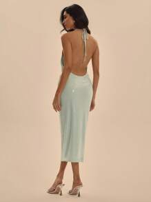 MUSERA Extreme Halterneck Straight Fit Sequinned Dress Spring Summer Prom Elegant Vacation Occasion Graduation - Pastel Green - View 3