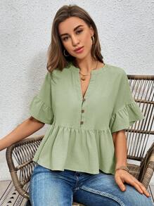 SHEIN Essnce Casual Home Wear Textured Half-Placket Ruffled Collar Blouse