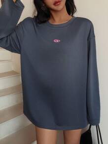 SHEIN EZwear 女士圆领长袖印花休闲宽松 T 恤 - 深灰色 - 查看 5