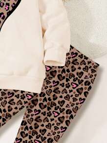 SHEIN 豹纹心形图案女婴休闲针织厚柔软圆领长袖运动衫配紧身裤，适合秋冬季 - 彩色 - 查看 4