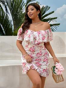DreamSkyne Vestido corto ajustado de verano para mujer de tallas grandes, romántico y elegante, con estampado de gasa de hombros descubiertos y volantes en el bajo - Multicolor - Ver 8