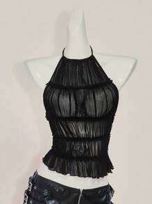 SHEIN ICON Solid Color Sexy Halter Backless Mesh Sheer Back Camisole,Rave Top,See Through Top - Black - View 5