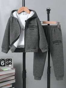 SHEIN Chàng trai trẻ Đồ họa Chữ cái Lót nhiệt Khóa kéo UP Áo Hoodie & Quần Without Tee - Xám - Xem 1
