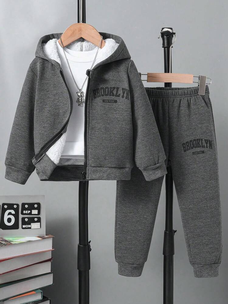 Young Boy Letter Graphic Thermal Lined Zipper Up Hoodie & Pants Without Tee Chic Outfits For Autumn/Winter