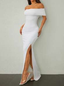 SHEIN Tall Váy dài hở vai xẻ cao cho nữ, váy nhẹ, thanh lịch, mùa cưới, phong cách gợi cảm - trắng - Xem 4