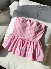 Comfortcana Vacation Outfits Women Pastel Summer Top Pink Plaid Cinched Waist Peplum Hem Tube Top - Pink - View 3