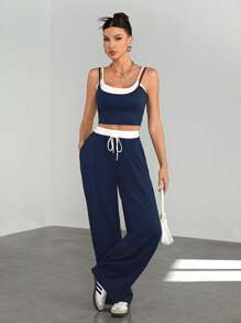 SHEIN Tall 2pcs/Set Contrast Color Camisole & Drawstring Waist Casual Pants Outfit - Navy Blue - View 4