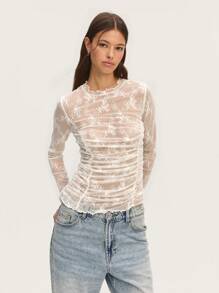 Nöista Soft White Lace Long-Sleeve Top With A Mid-Turtleneck, Side Ruching, And Baby Overlock Finish. Perfect For Summer, Graduation Parties, Easter, Or Everyday Wear. - White - View 5