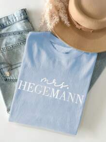 INAWLY Women's Crew Neck Simple Letter Print Short Sleeve T-Shirt - Baby Blue - View 1