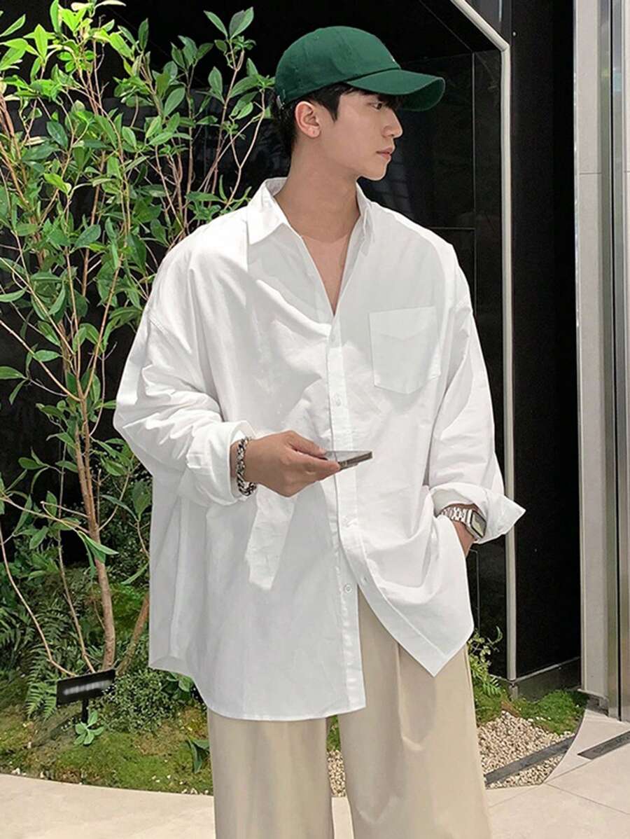 DAZY 男士白色落肩长袖单排扣休闲口袋衬衫，春季，秋季 - 白色 - 查看 1