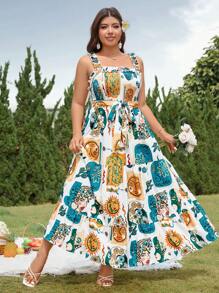 Breezaya Sukienka damska z nadrukiem kwiatowym w dużych rozmiarach, swobodna i wakacyjna na ramiączkach