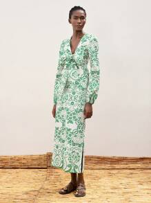 Maija 2025 Spring & Summer New Casual Fashion Beach Resort Green Floral Print Bow Design Maxi Dress For Women, Comfortable Everyday Casual Romantic Holiday Outfit Suitable For Outings, Parties, Wedding, Dates, Music Festivals, Graduation - Red - View 4