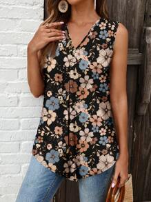 EMERY ROSE 百搭休闲复古碎花大码 V 领无袖衬衫，适合夏季 - 白色 - 查看 3