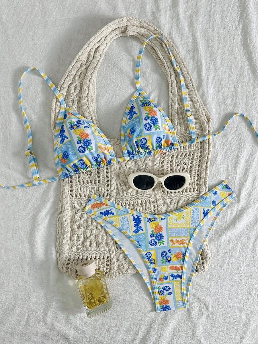 Swim Vcay Women's Spring/Summer Beach Random Print Cute Casual High Cut Pants Bikini Set - Multicolor - View 1