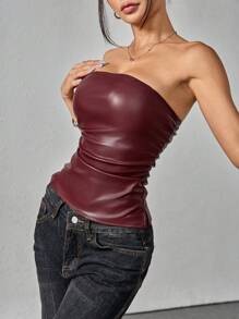 SHEIN PETITE New Year&Valentine's Women's Burgundy PU Leather Top Fashionable Ruched Asymmetric Hem Tube Top, Suitable For Going Out And Parties Top,New Years Women,Rave Top