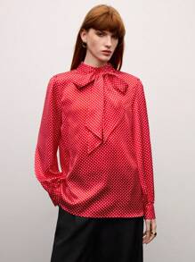 BizChic 2025 Summer New Red Polka Dot Stand Collar Oversized Bow Lady's Top, Summer For Business Casual, Daily Commute, Elegant, Holiday, Wedding Guest, Country Music Festival, Brunch, Airport Lounge, 257S Old Money Stockholm Style, 4th Of July