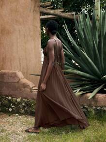 Maija 女士棕色休闲夏季连衣裙，现代波西米亚纯色沙滩装，简约无袖褶皱热带度假连衣裙，优雅女士度假连衣裙 - 棕色 - 查看 8