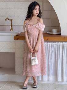 DAZY Tween Girls' Jacquard Off Shoulder Short Sleeve Elegant Dress,Girls Summer Outfits,Back To School Clothes