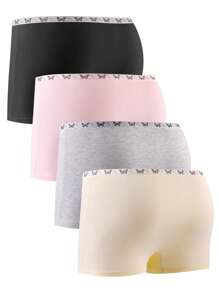 4pcs/Set Tween Girl Solid Color Elastic Cotton Breathable Heart And Butterfly Pattern Decorative Waistband Briefs & Shorts, Casual Minimalist - Multicolor - View 2