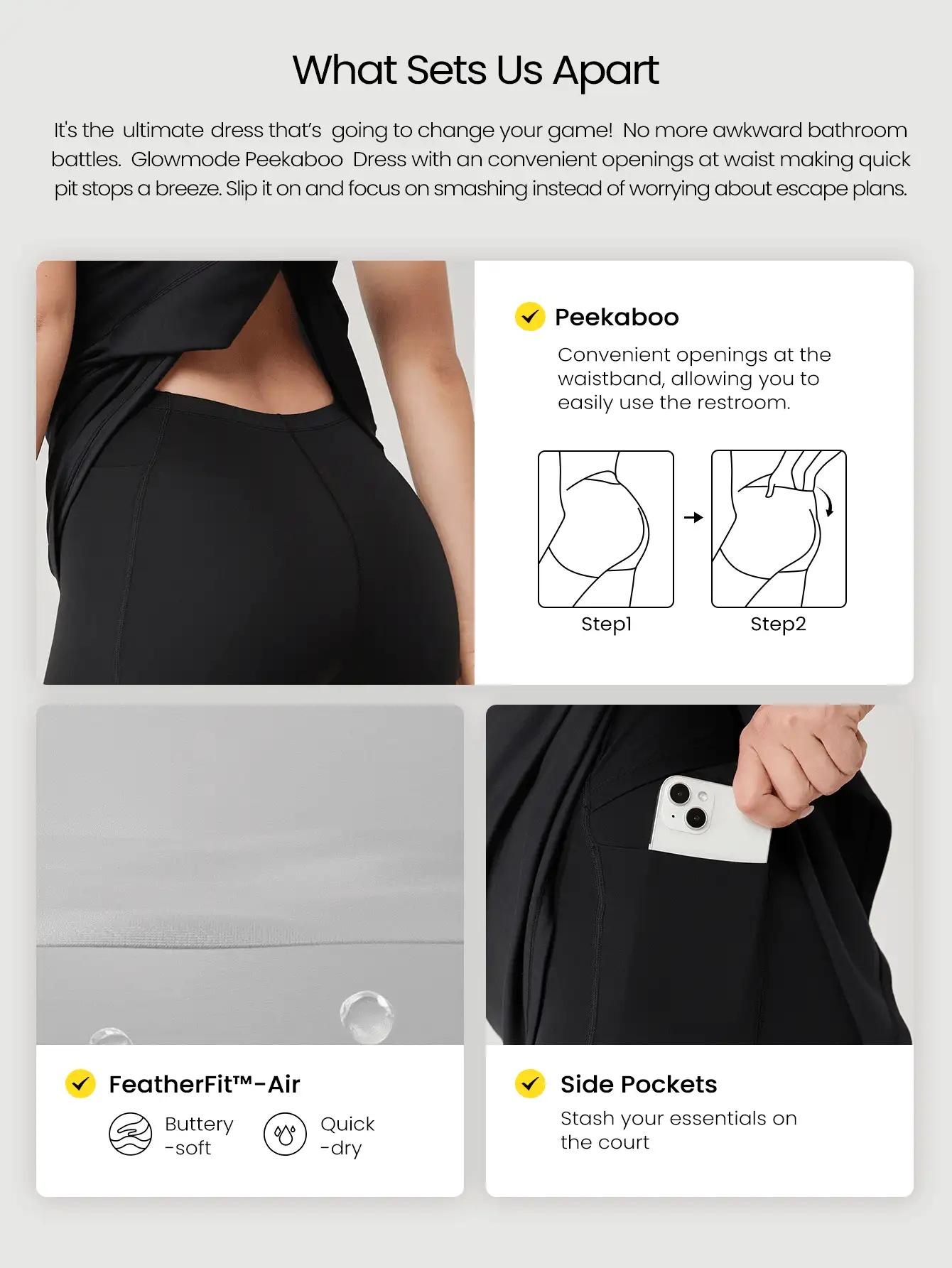 GLOWMODE FeatherFit™-Air Sweat-Wicking Quick-Dry Peekaboo One-Shoulder Mini Dress With Built-In Shorts Side Pockets Non-Slip Grips Daily Casual Wear Removable Cups - Black - View 2