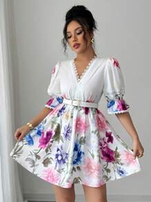 Chiquease 甜美女士 V 领撞色蕾丝腰线宽松袖印花短裙 - 彩色 - 查看 3