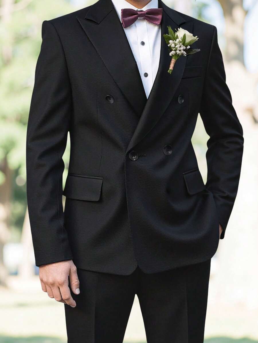 Manfinity Mode 2pcs Men Business Outfit: Solid Color Notch Lapel Long Sleeve Blazer And Pants Suit, For Autumn - Black - View 1