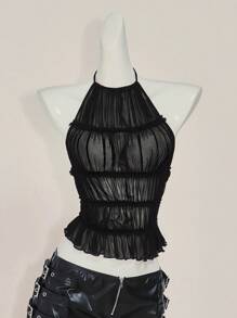 SHEIN ICON Solid Color Sexy Halter Backless Mesh Sheer Back Camisole,Rave Top,See Through Top - Black - View 6