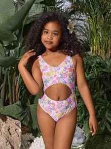 Tween Girl Ditsy Floral Crochet Cutout One-Piece Swimsuit, Mommy And Me Matching Outfits (2 Sets Sold Separately) - Pink - View 6