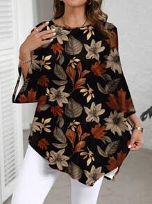 EMERY ROSE Camisa de talla grande con estampado floral y de plantas todo sobre, ideal para primavera/otoño - Multicolor - Ver 1