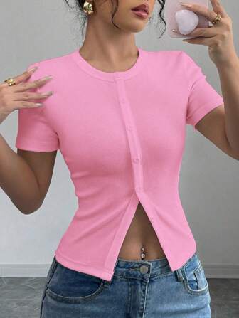 Gloray French Style Sexy Slim Round Neck Solid Color Decorative Buttoned Short Women Shirt