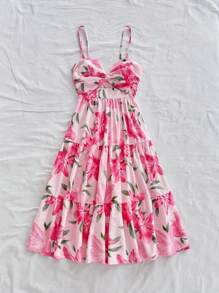 Soleia Vestido camisero con estampado floral, detalle de nudo delantero, corte evasé, vestido para mujer, primavera, Pascua, festividades/Día de San Valentín - Rosa - Ver 3