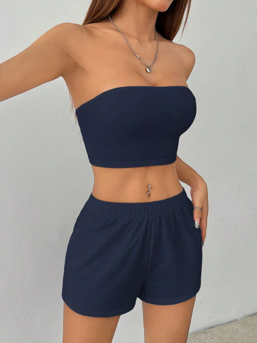 SHEIN PETITE Women's Solid Color Casual Two Pieces Set, Summer Sets - Navy Blue - View 1