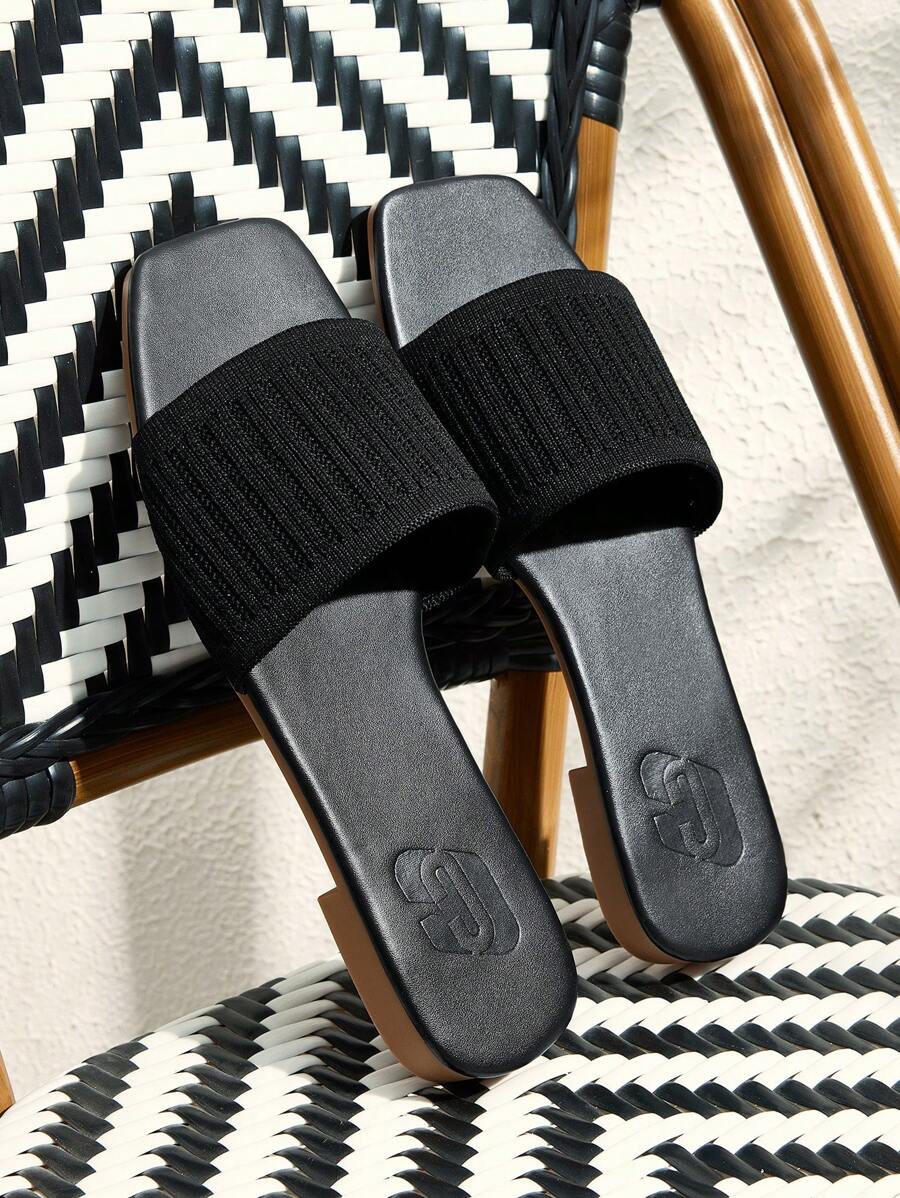 CUCCOO BASICS Women's Black Square Toe Strap Slide Sandals, Casual Fashion Versatile Flat Slippers - Black - View 1